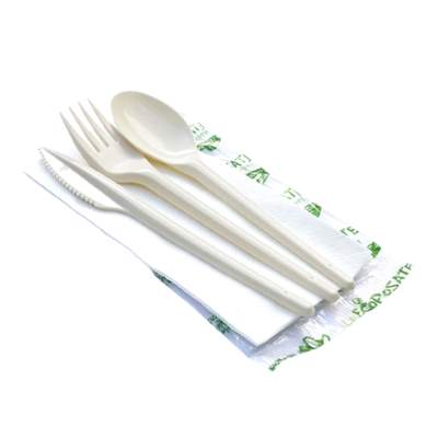 Trio of disposable organic cutlery consisting of fork, spoon and knife