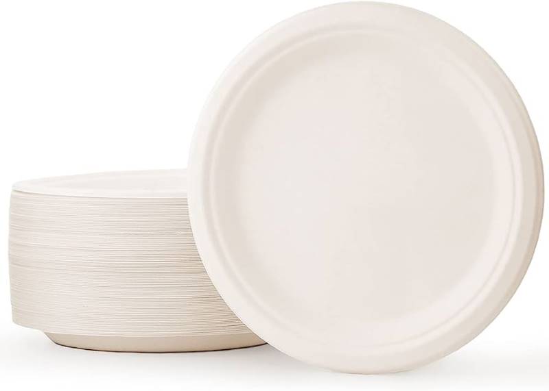 Assiettes plates jetables blanches biodégradables, Ø 21 cm