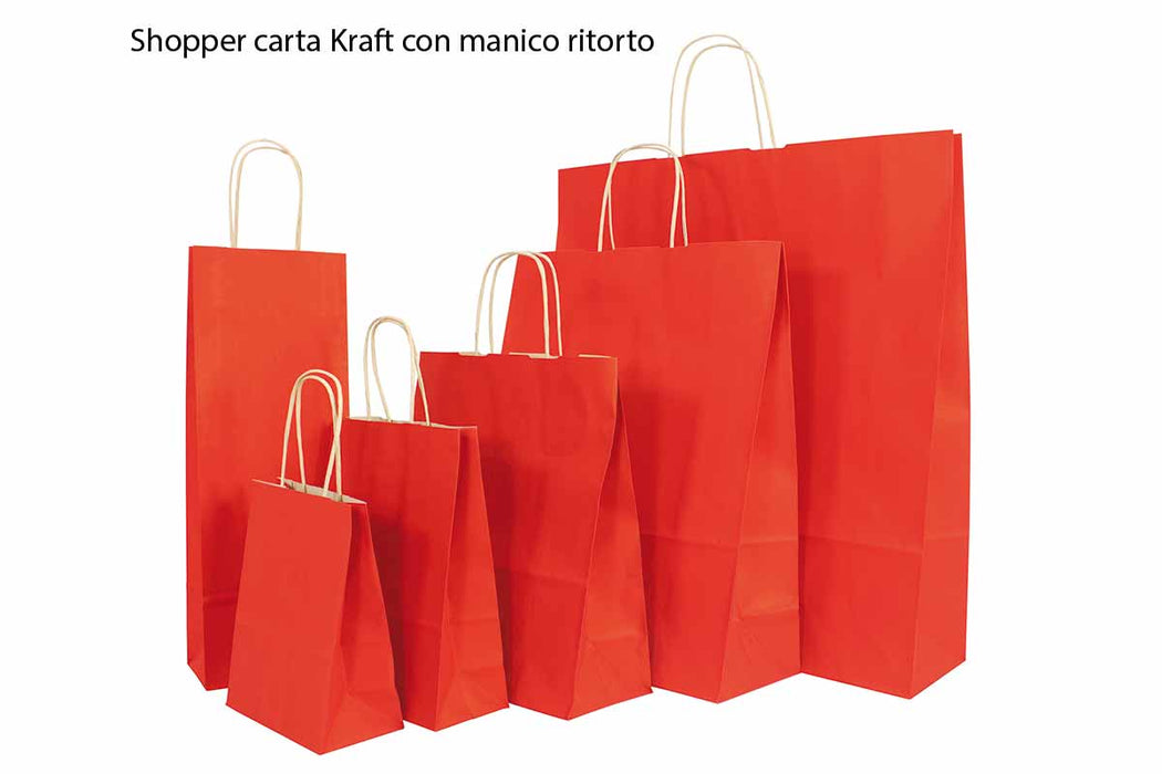 Shopper di carta Kraft colore Rosso, con fondo rettangolare e maniglia ritorta