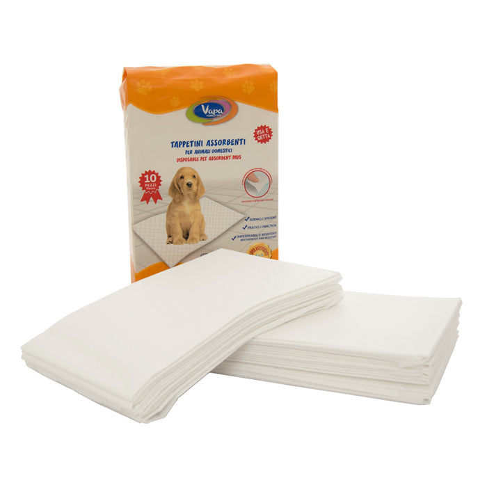 50 hygienic mats for pets available in boxes of 5 packs of 10 pieces and measuring 60x90 cm 