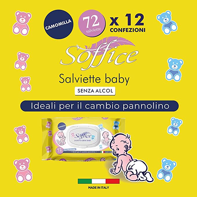 Salviette per l’igiene dei bambini senza alcol al profumo di camomilla